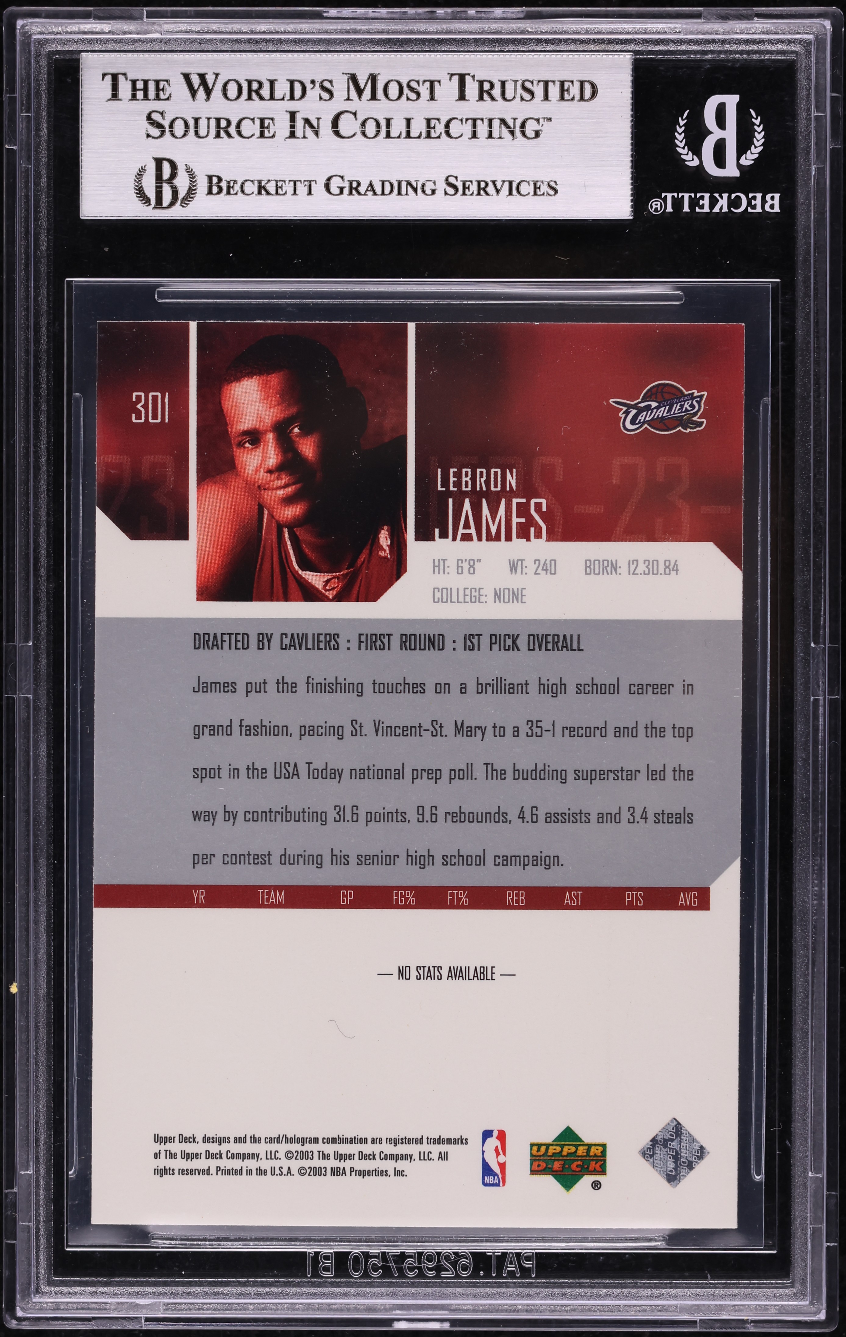 2003 Upper Deck Basketball LeBron James ROOKIE #301 BGS 8.5 NM-MT+