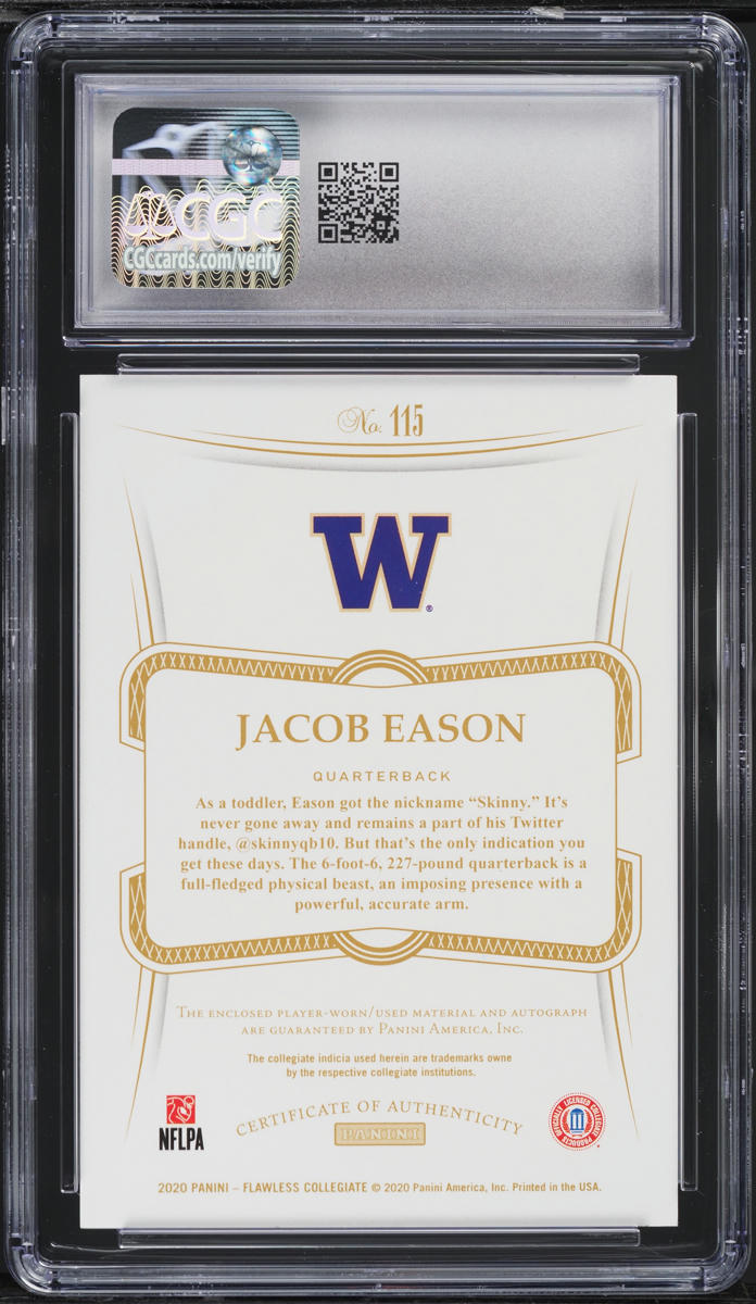 2020 Panini Flawless Collegiate Jacob Eason ROOKIE PATCH AUTO /25 CGC 8 NM-MT