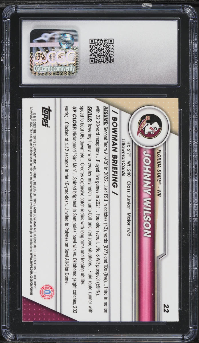 2023 Bowman Chrome University Pink Refractor Johnny Wilson ROOKIE #22 CGC 10 GEM