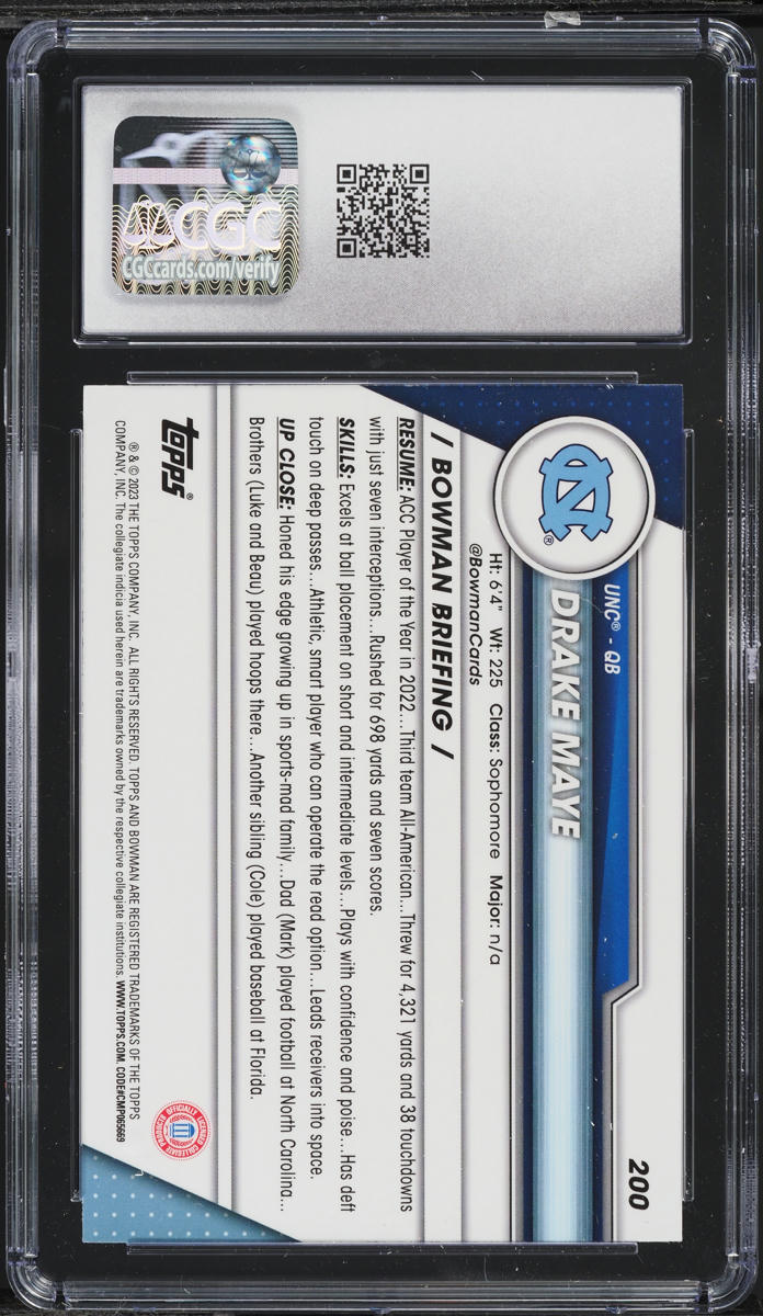 2023 Bowman Chrome University Drake Maye ROOKIE #200 CGC 10 GEM MINT