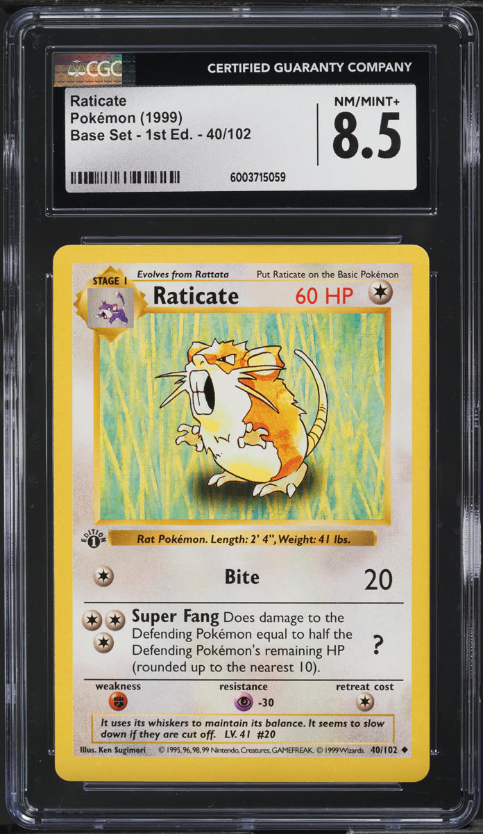 1999 Pokemon Base Set Shadowless 1st Edition Raticate #40 CGC 8.5 NM-MT+