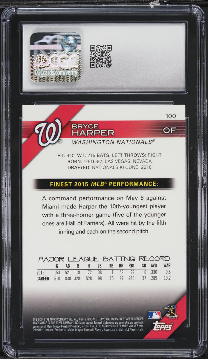 2016 Topps Finest Red Refractor Bryce Harper /5 #100 CGC 10 GEM MINT