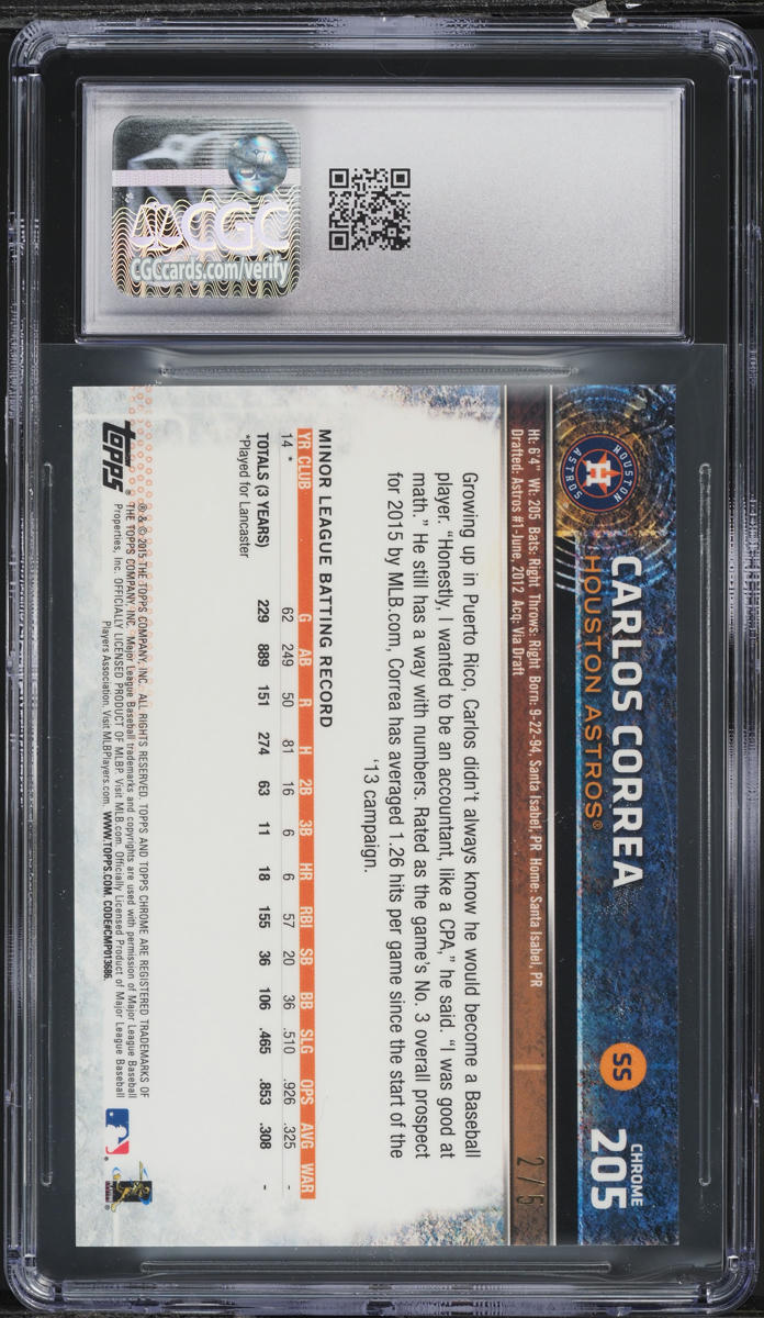 2015 Topps Chrome Red Refractor Carlos Correa ROOKIE /5 #205 CGC 10 GEM MINT