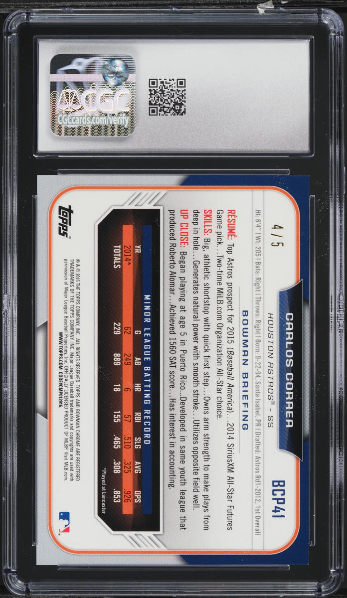 2015 Bowman Chrome Prospects Red Refractor Carlos Correa ROOKIE /5 CGC 10 GEM
