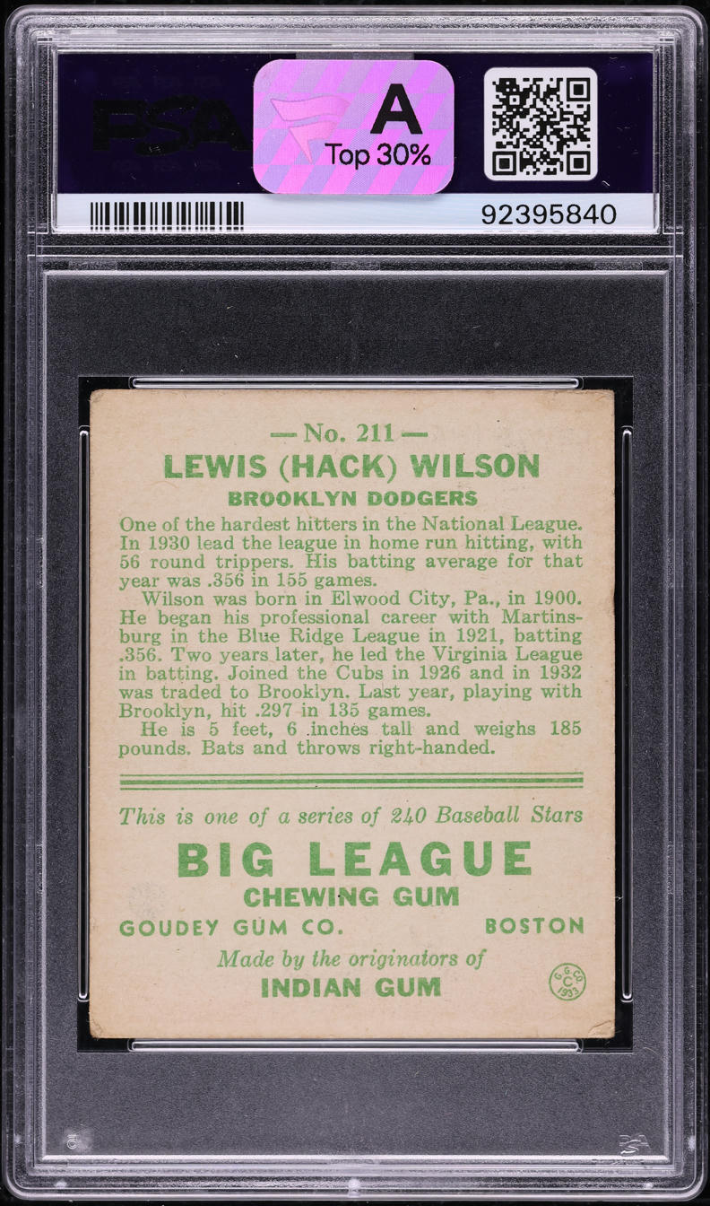 1933 Goudey Hack Wilson #211 PSA 3 VG