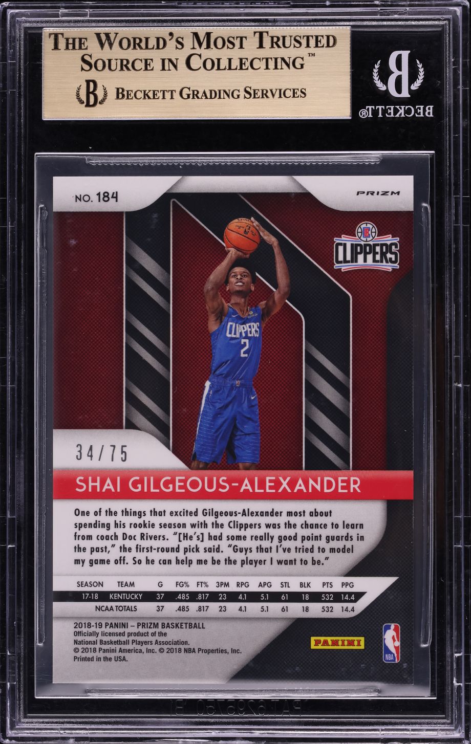 2018 Panini Prizm Purple Shai Gilgeous-Alexander ROOKIE /75 #184 BGS 9.5 GEM