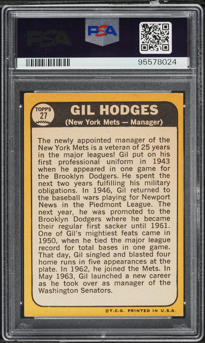 1968 Topps Gil Hodges #27 PSA 3 VG