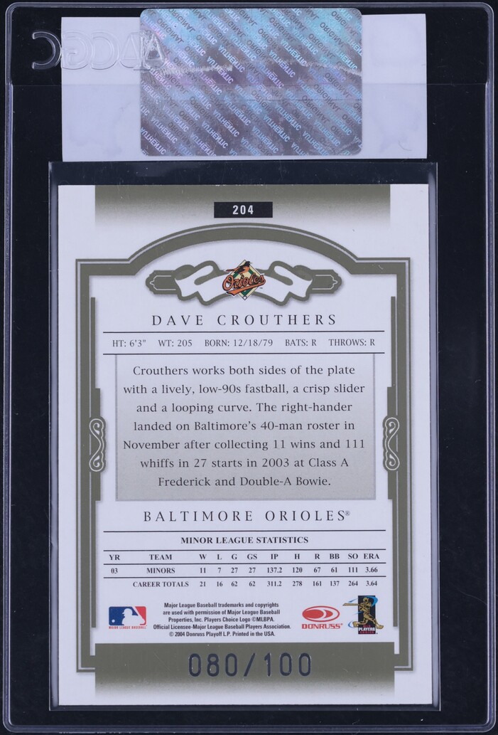 2004 Donruss Classics Significant Green Dave Crouthers RC AUTO /100 CGC AUTH