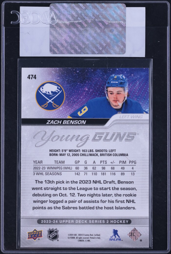 2023 Upper Deck Young Guns Zach Benson ROOKIE #474 CGC AUTH