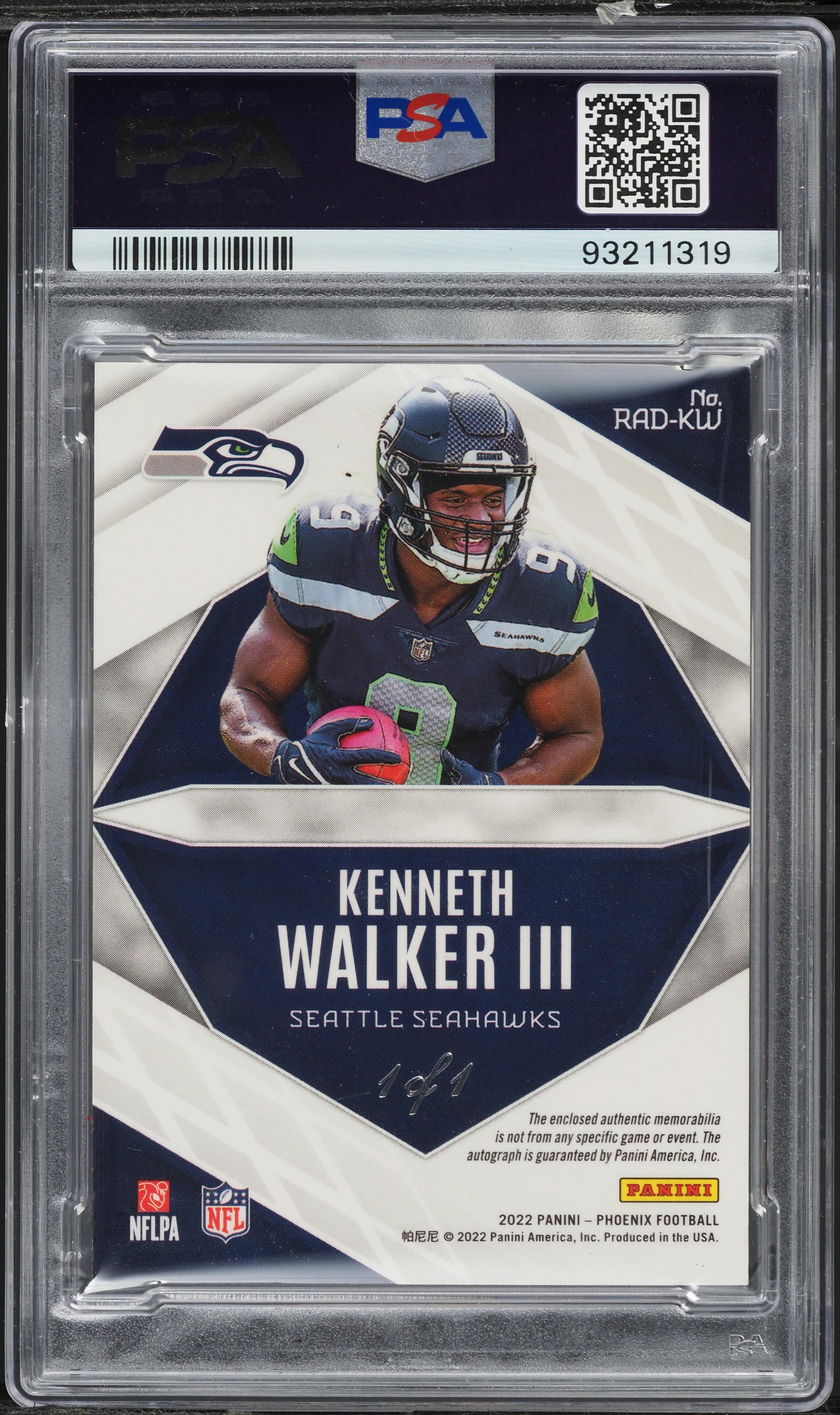 2022 Panini Phoenix Kenneth Walker III ROOKIE PATCH AUTO 1/1