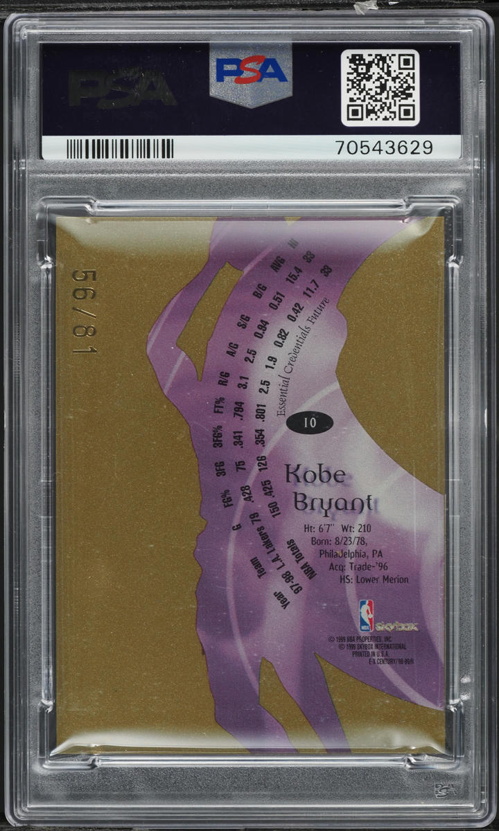1998 Skybox E-X Century Essential Credentials Future Kobe Bryant /81 #10 PSA 8