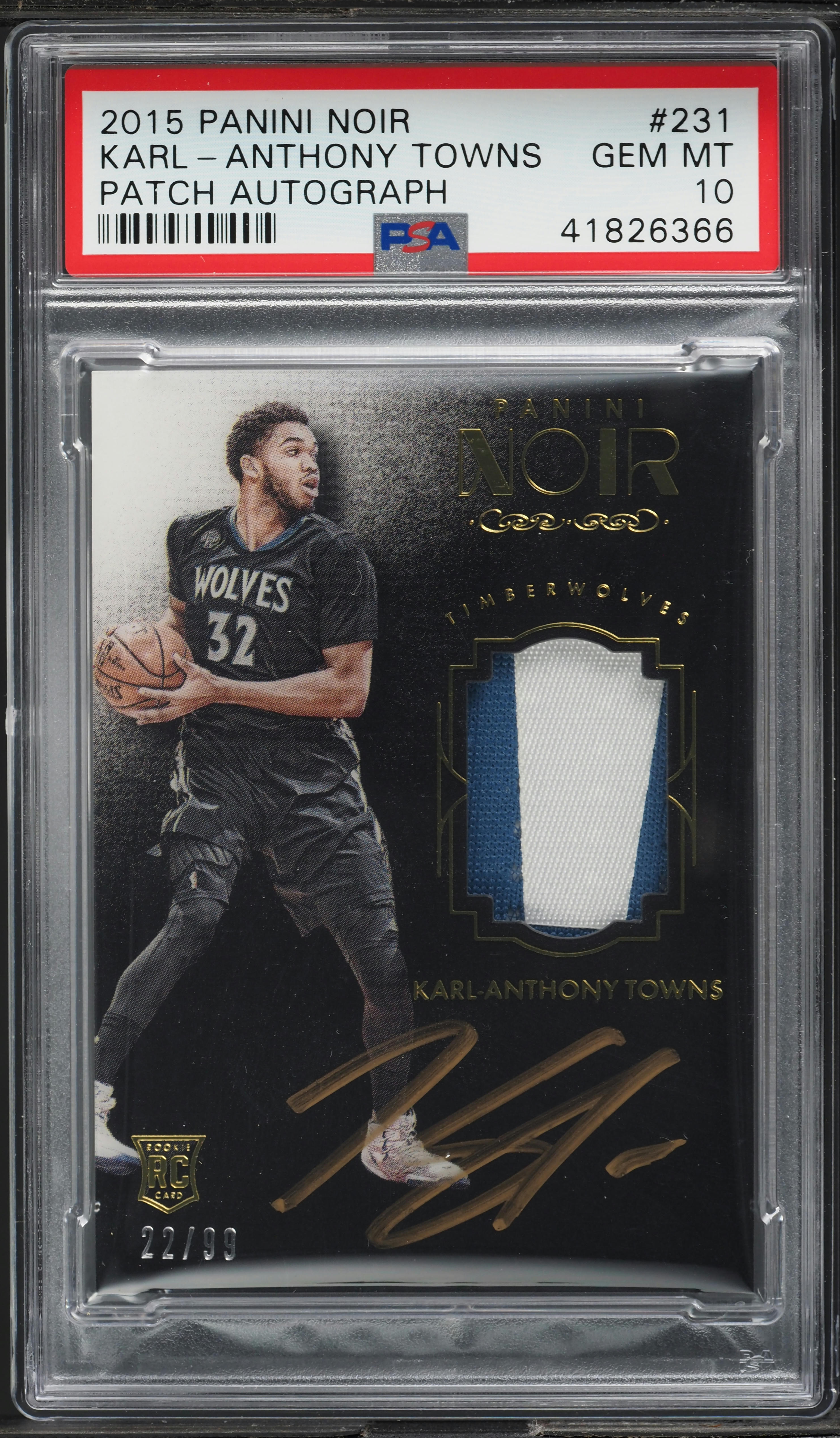2015 Panini Noir Karl-Anthony Towns ROOKIE PATCH AUTO /99 #231 PSA