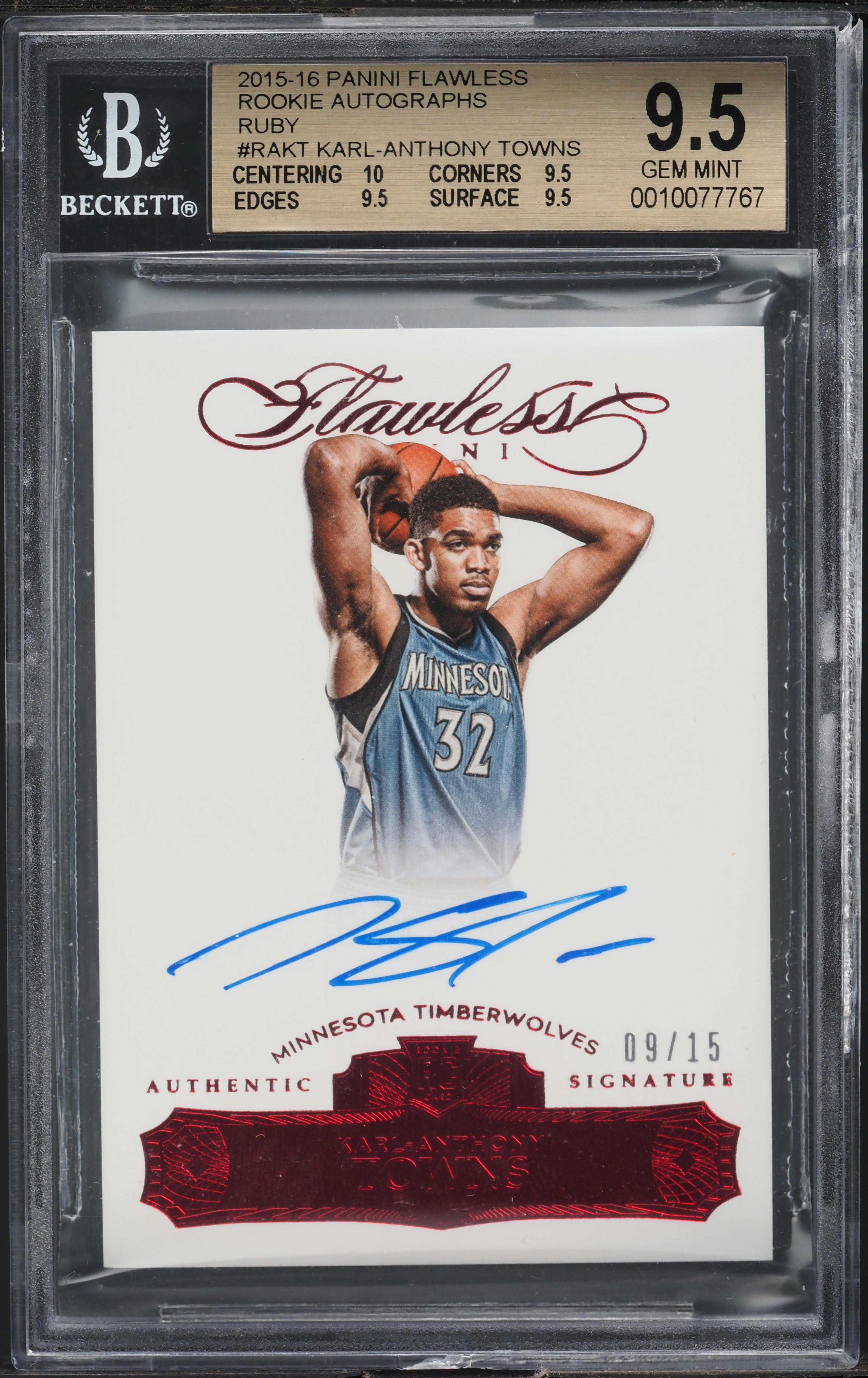 2015 Panini Flawless Ruby Karl-Anthony Towns ROOKIE AUTO /15 BGS