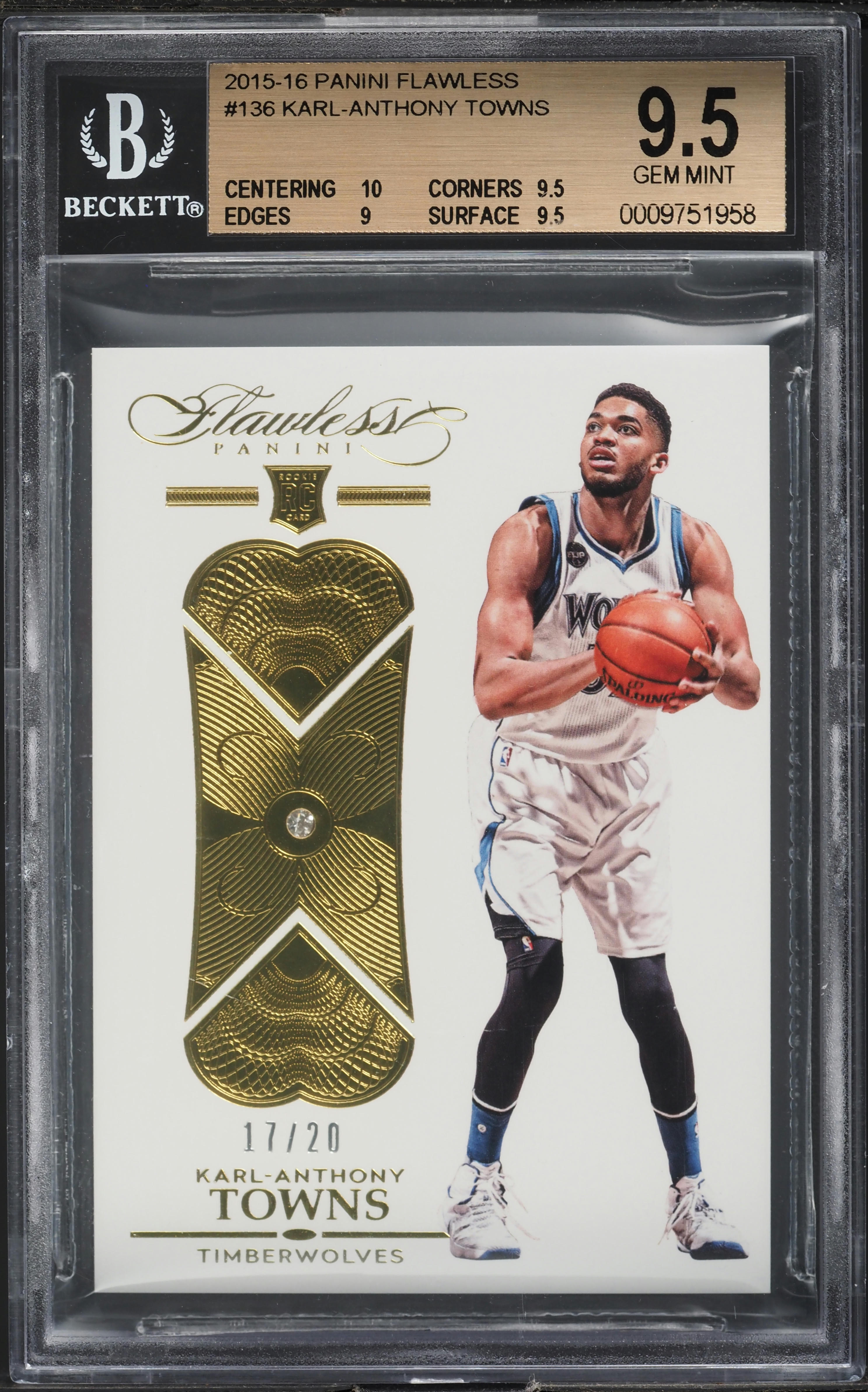 2015 Panini Flawless Diamond Gem Karl-Anthony Towns ROOKIE /20