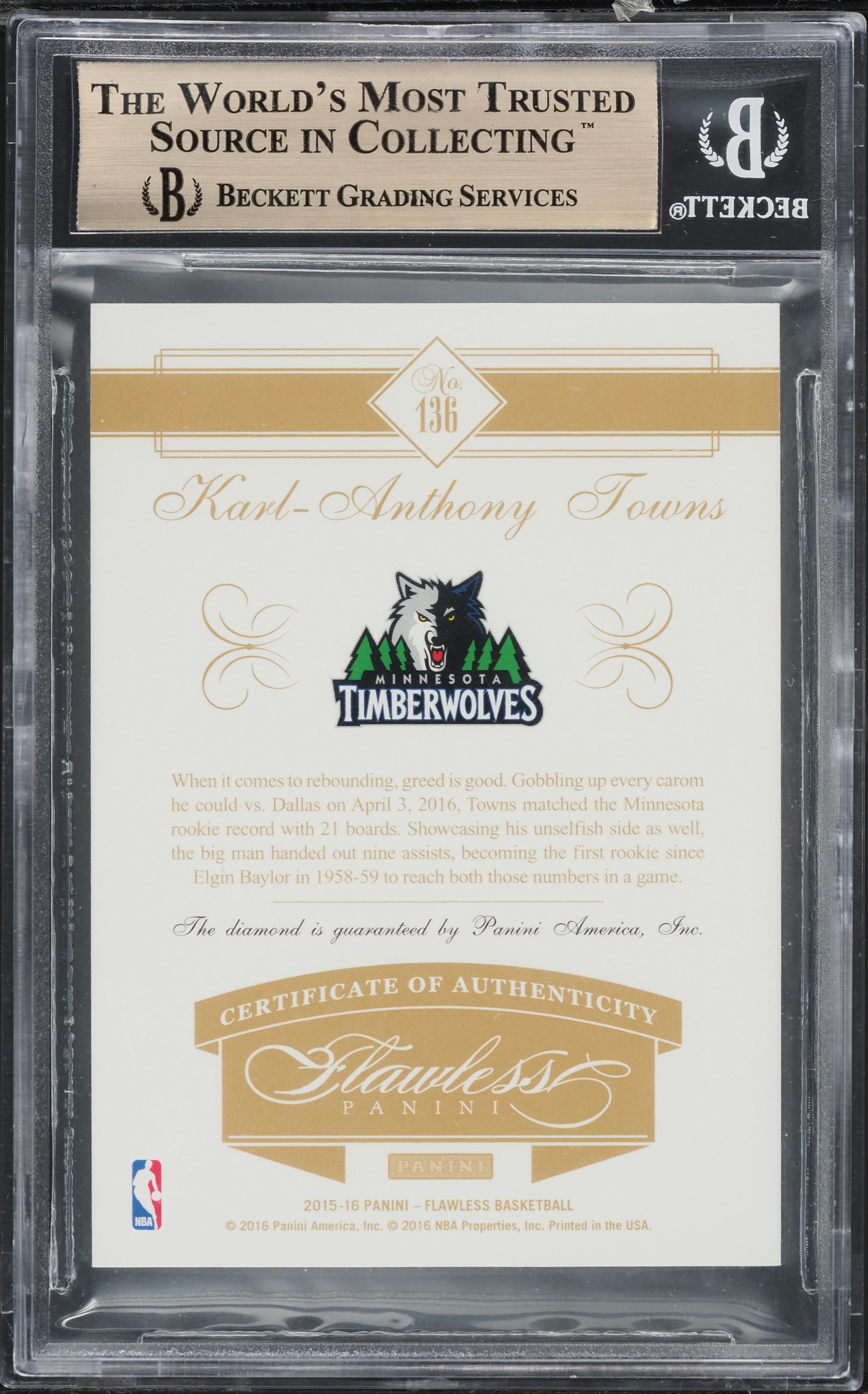 2015 Panini Flawless Diamond Gem Karl-Anthony Towns RC /20 #136