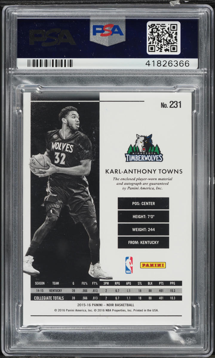2015 Panini Noir Karl-Anthony Towns ROOKIE PATCH AUTO /99 #231 PSA