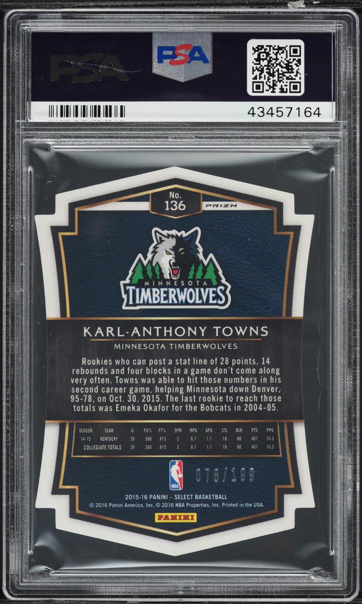 2015 Select Light Blue Prizm Die-Cut Karl-Anthony Towns ROOKIE /199 PSA 10 GEM