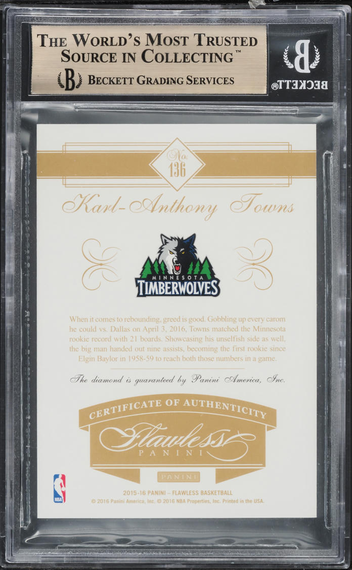 2015 Panini Flawless Diamond Gem Karl-Anthony Towns RC /20 #136 BGS 10 PRISTINE