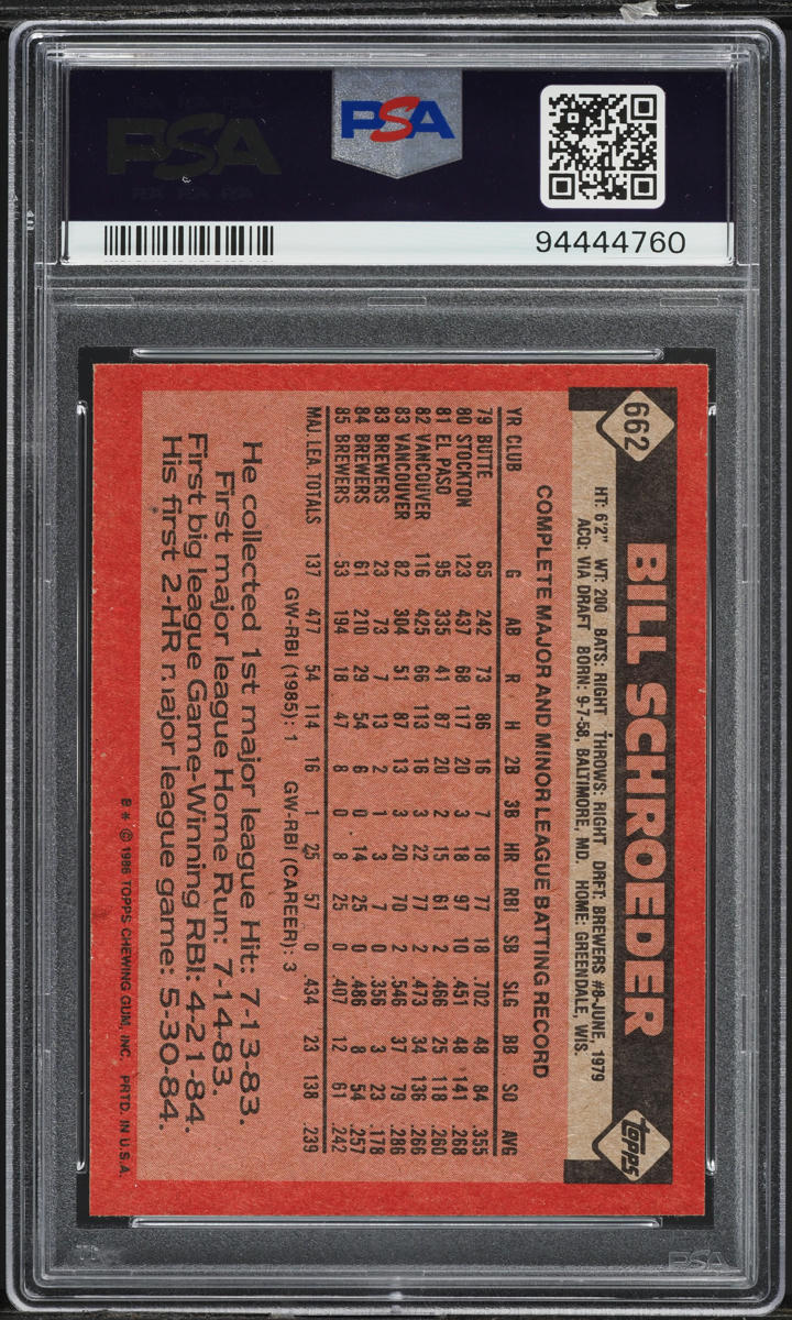 1986 Topps Bill Schroeder #662 PSA 10 GEM MINT