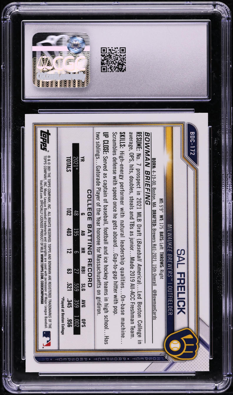 2021 Bowman Draft Black & White RayWave Refractor Sal Frelick ROOKIE CGC 10 GEM