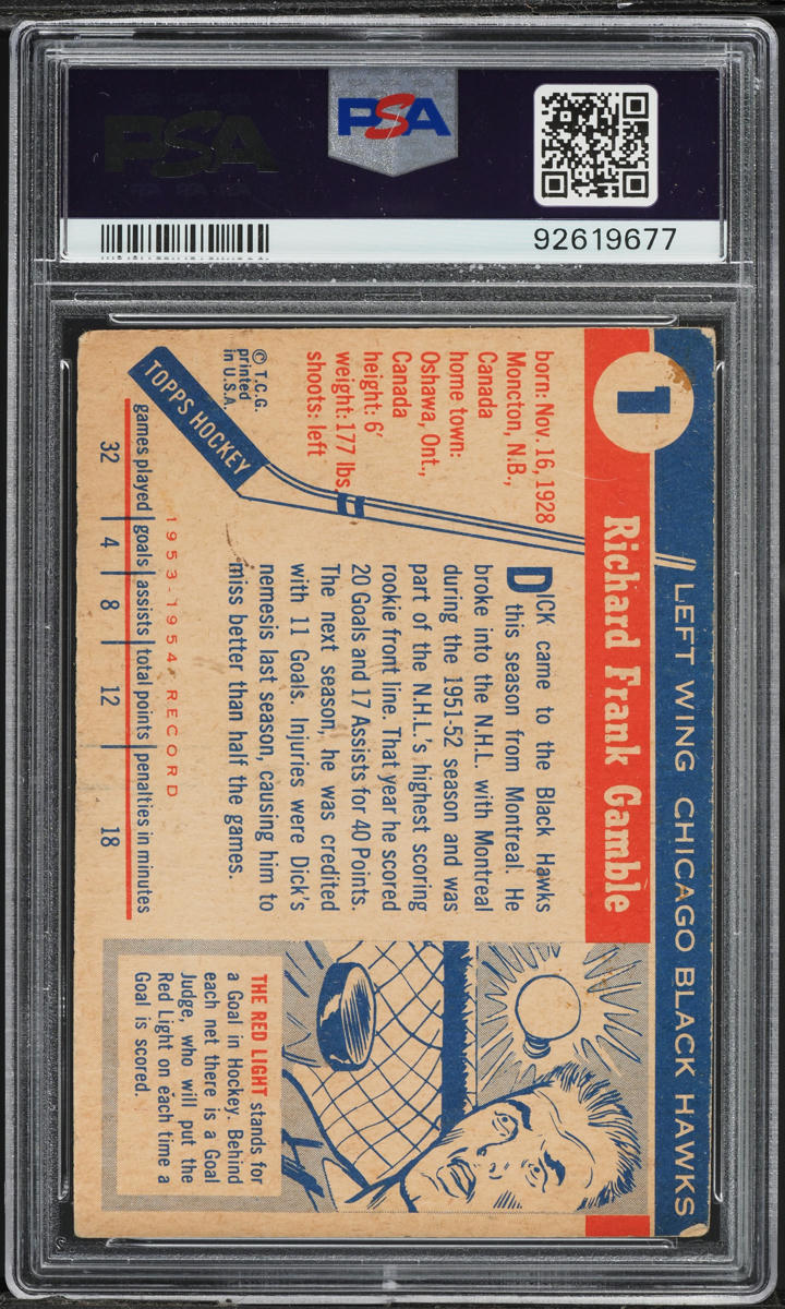 1954 Topps Hockey Dick Gamble #1 PSA 3 VG