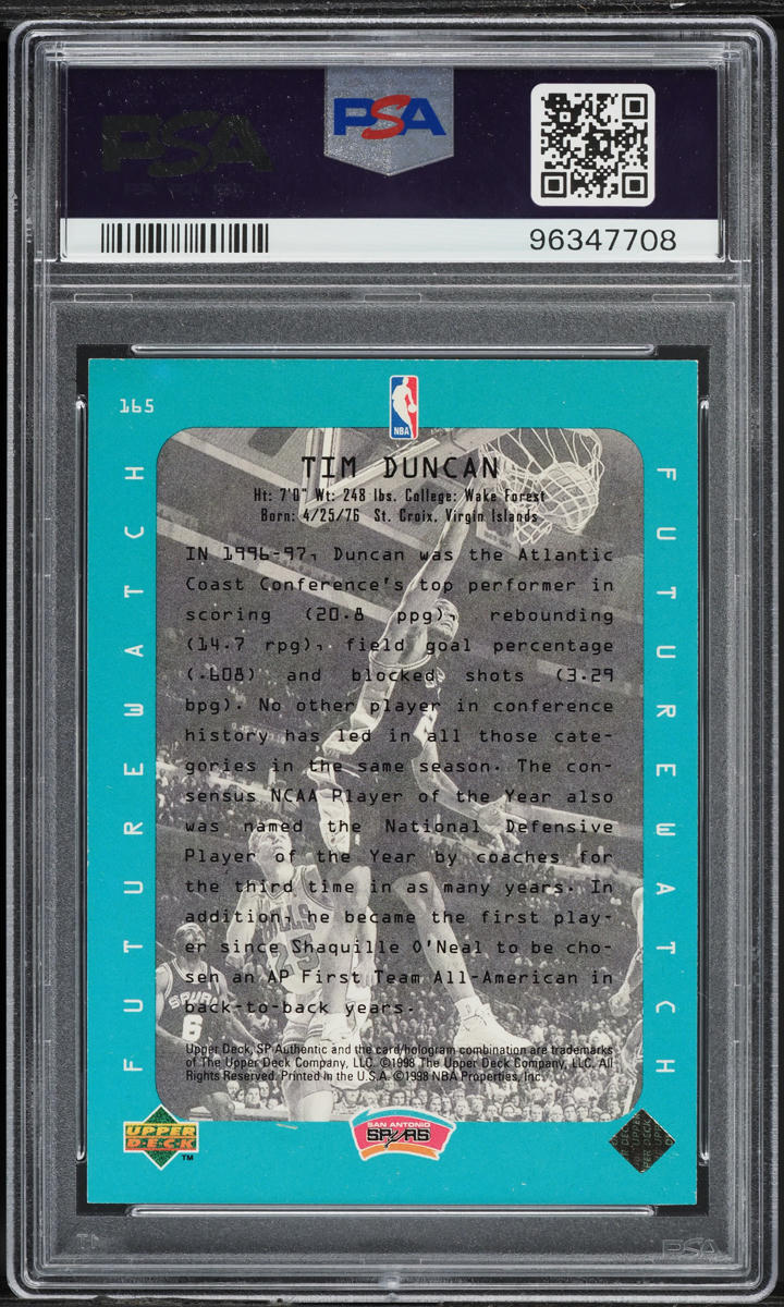 1997 SP Authentic Tim Duncan ROOKIE #165 PSA 9 MINT