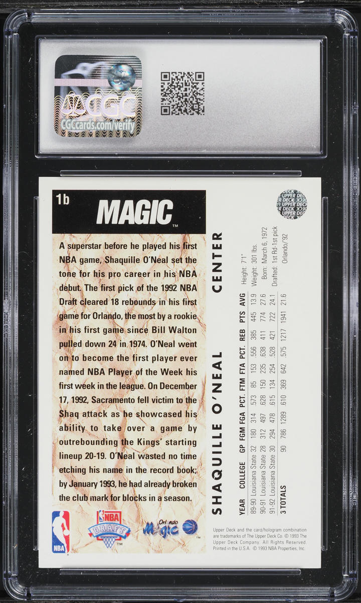 1992 Upper Deck Basketball Shaquille O'Neal ROOKIE #1 CGC 8 NM-MT