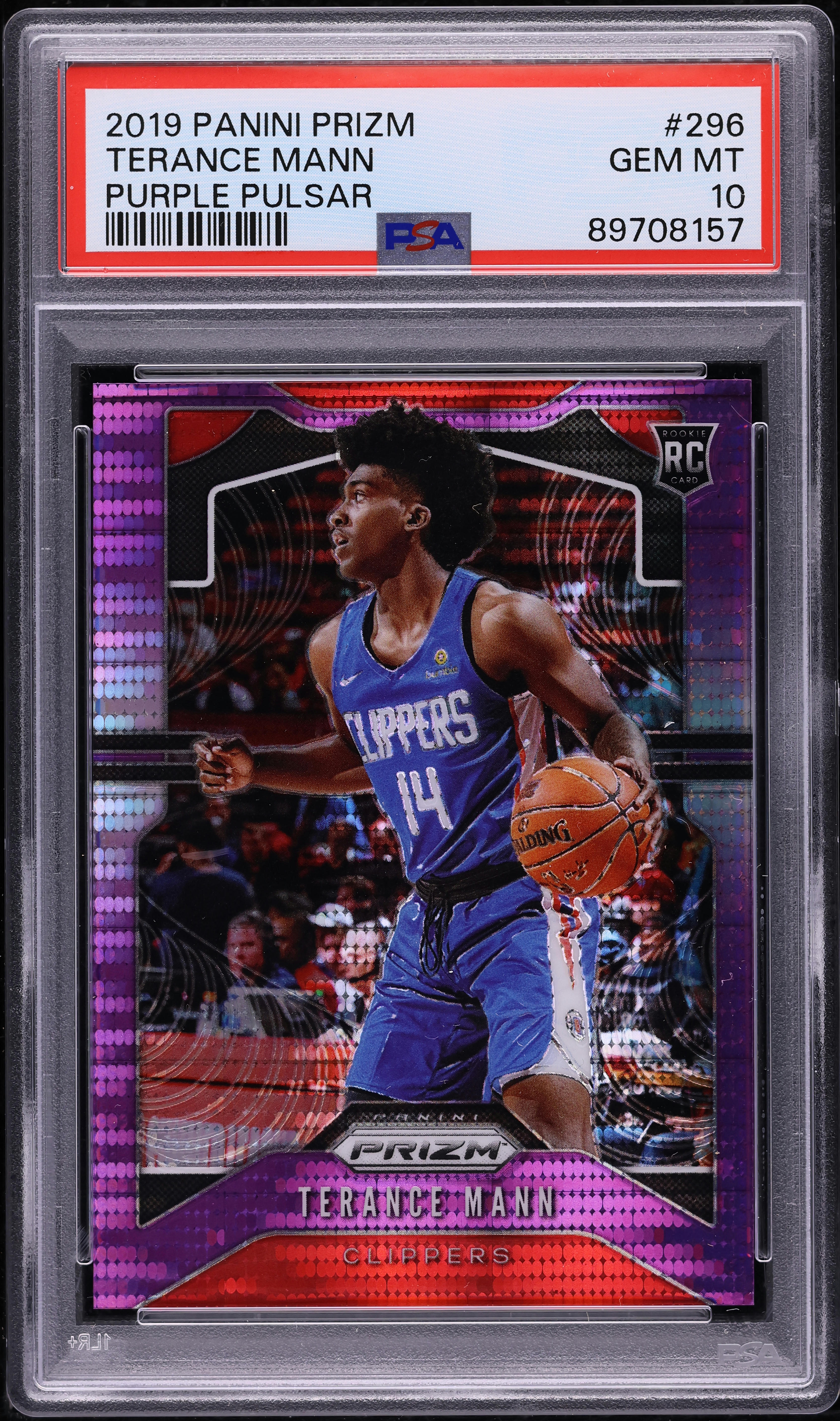 2019 Panini Prizm Purple Pulsar Terance Mann ROOKIE /42 #296 PSA