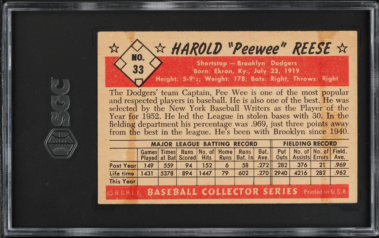 1953 Bowman Color Pee Wee Reese #33 SGC 3.5 VG+