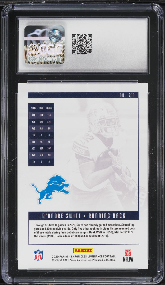 2020 Panini Chronicles Luminance D'Andre Swift ROOKIE #211 CGC 10 GEM MINT
