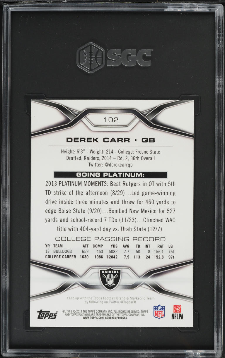 2014 Topps Platinum Xfractor Derek Carr ROOKIE #102 SGC 7 NRMT on
