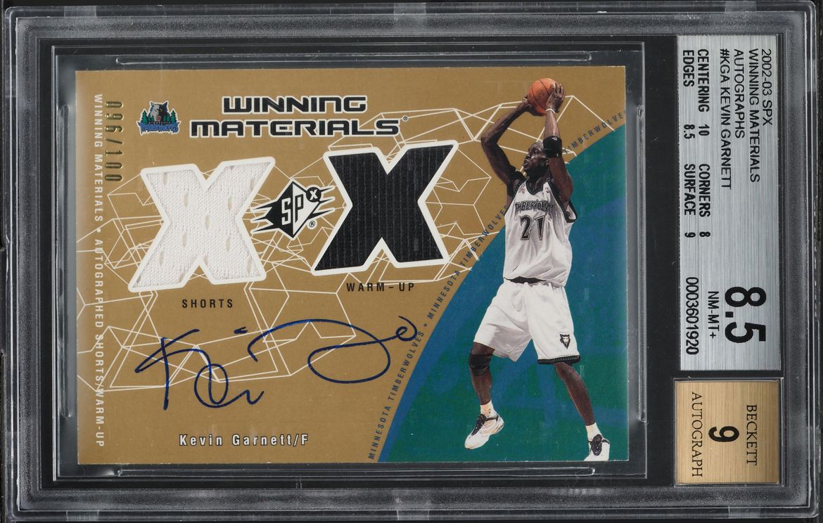 2002 SPx Winning Materials Kevin Garnett PATCH AUTO /100 #KGA BGS