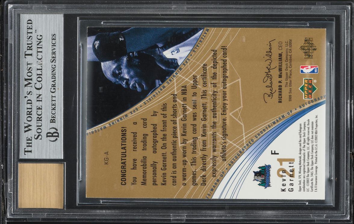 2002 SPx Winning Materials Kevin Garnett PATCH AUTO /100 #KGA BGS