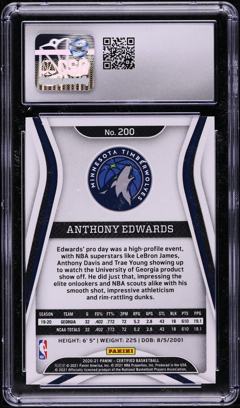 2020 Panini Certified Anthony Edwards ROOKIE #200 CSG 10 GEM MINT