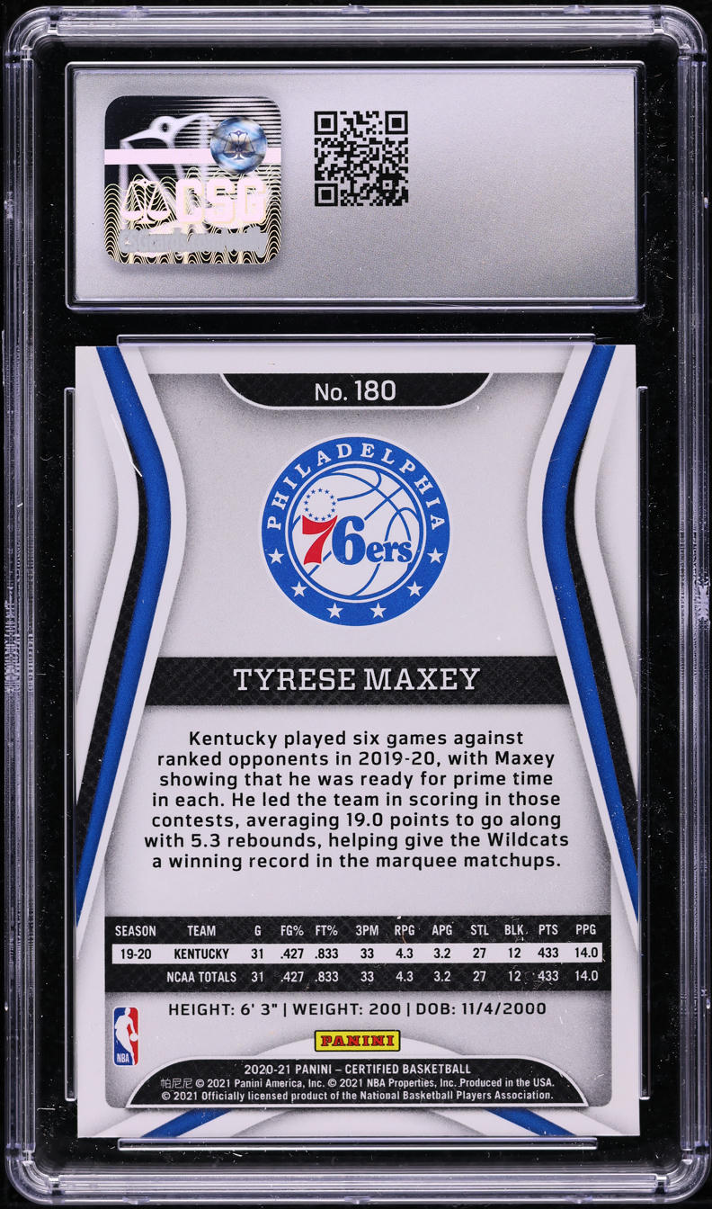 2020 Panini Certified Tyrese Maxey ROOKIE #180 CSG 10 GEM MINT