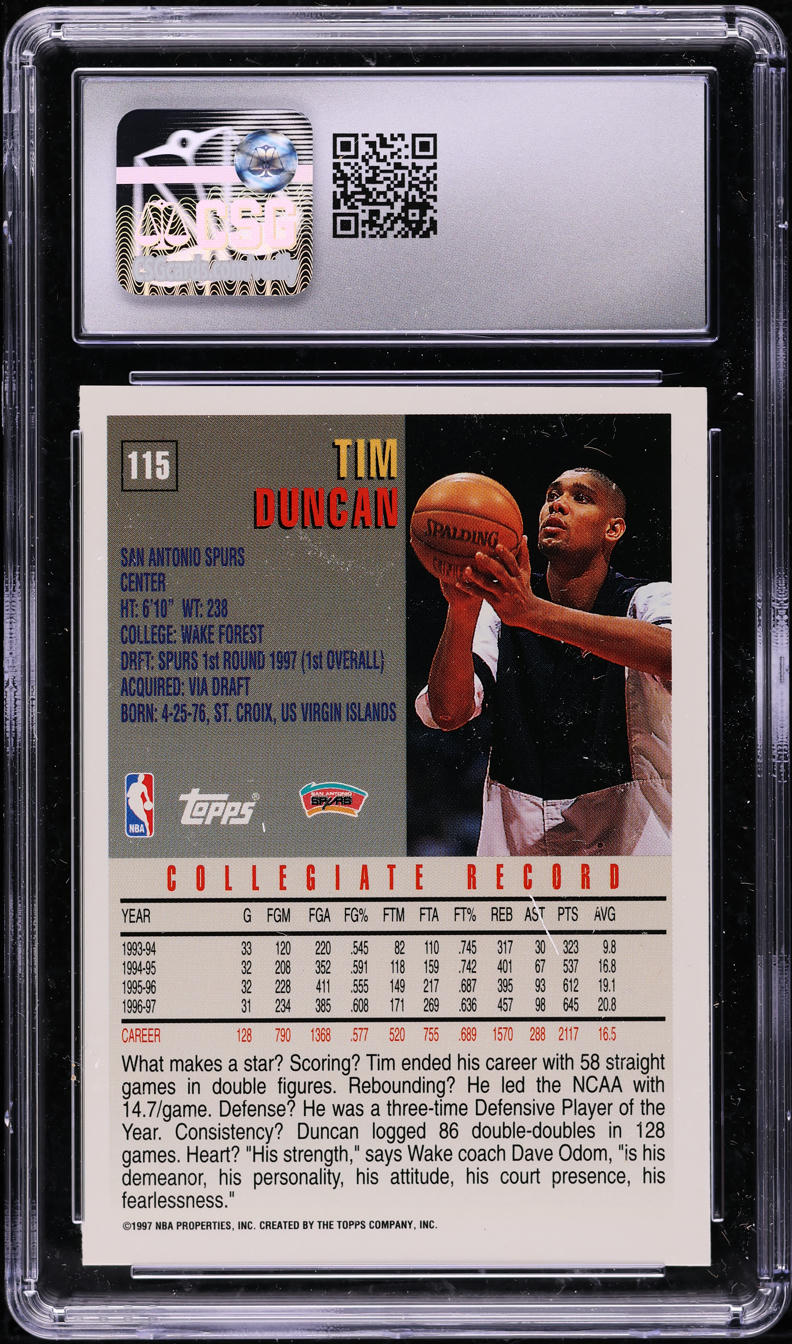 1997 Topps Basketball Tim Duncan ROOKIE #115 CSG 10 GEM MINT