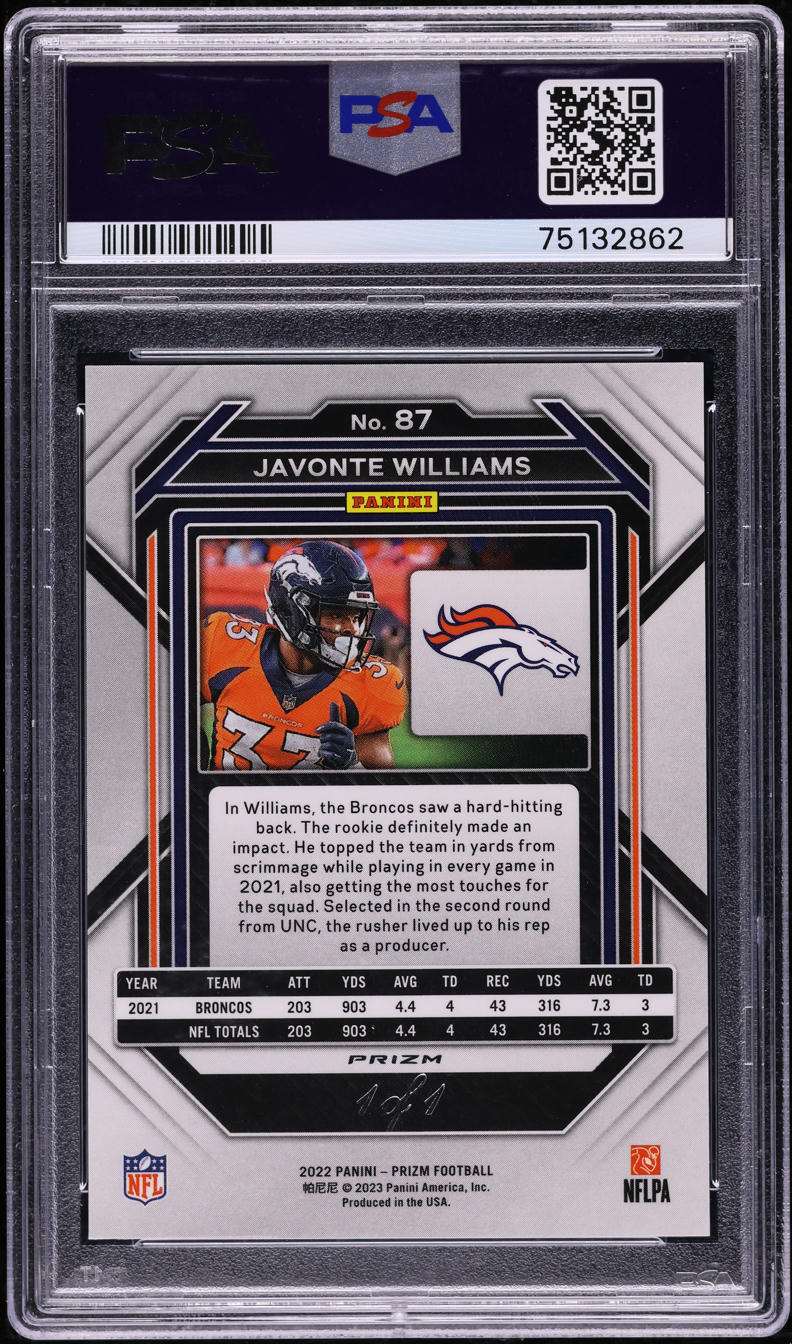 2022 Panini Prizm Black Finite Javonte Williams 1/1 #87 PSA 9 MINT