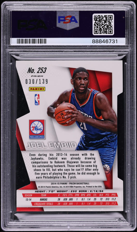 2014 Panini Prizm Purple Die-Cut Joel Embiid ROOKIE /139 #253 PSA
