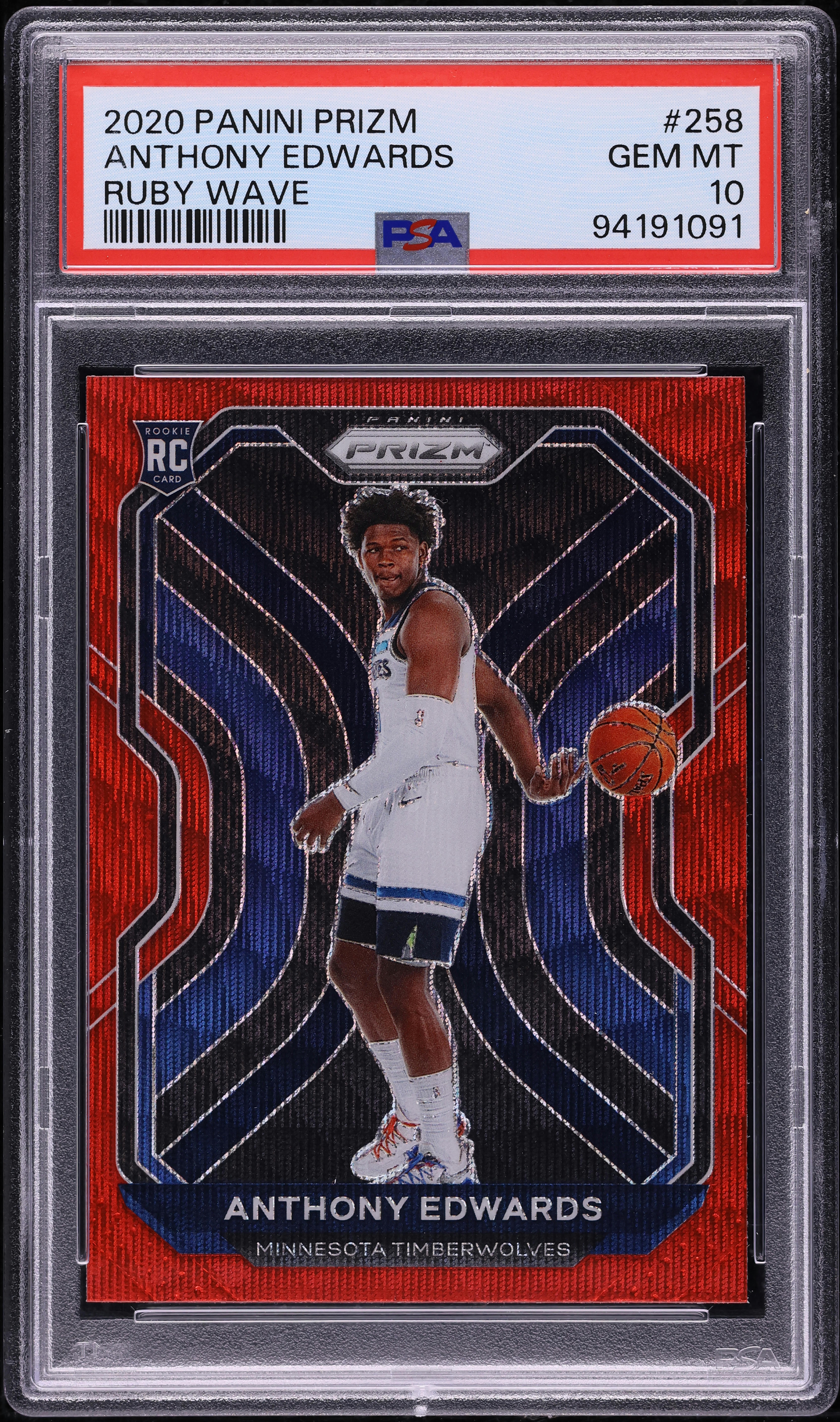 2020 Panini Prizm Ruby Wave Anthony Edwards ROOKIE #258 PSA 10 GEM
