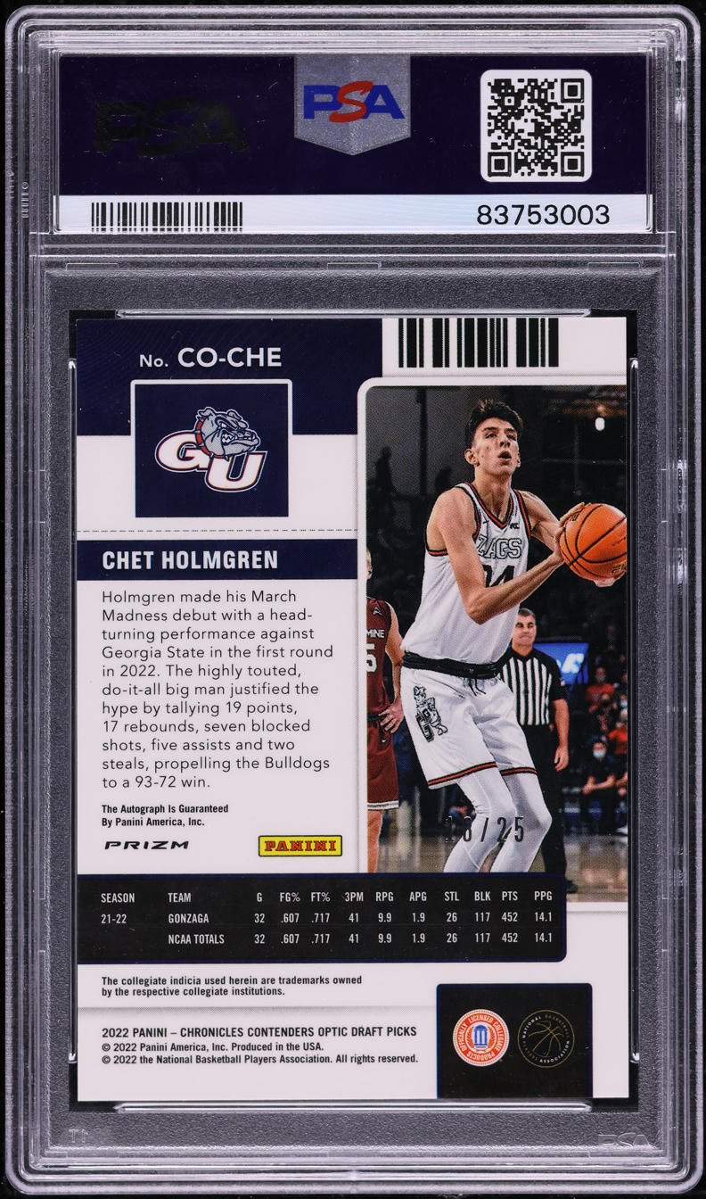 2022 Panini Chronicles DP Optic Purple Chet Holmgren RC AUTO DNA