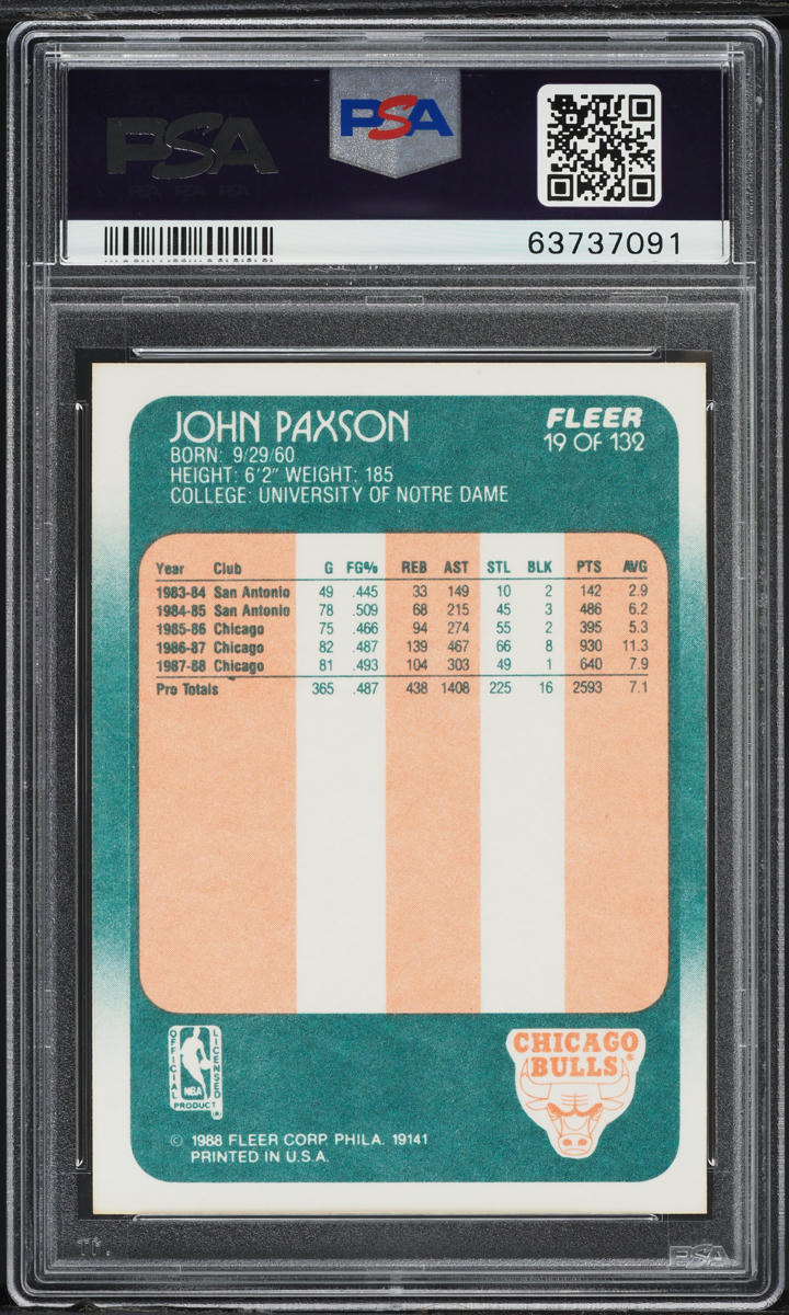 1988 Fleer Basketball John Paxson #19 PSA 9 MINT