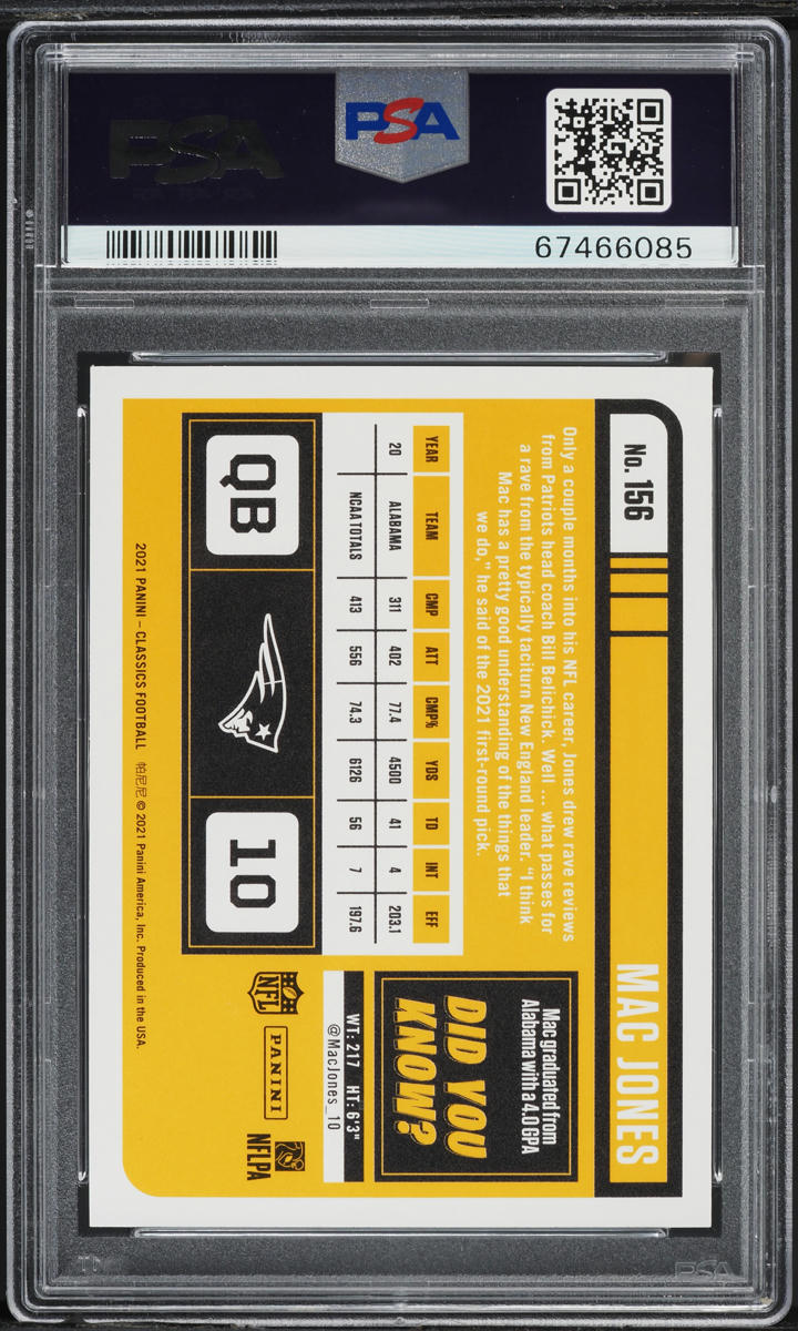 2021 Panini Classics Mac Jones ROOKIE #156 PSA 10 GEM MINT