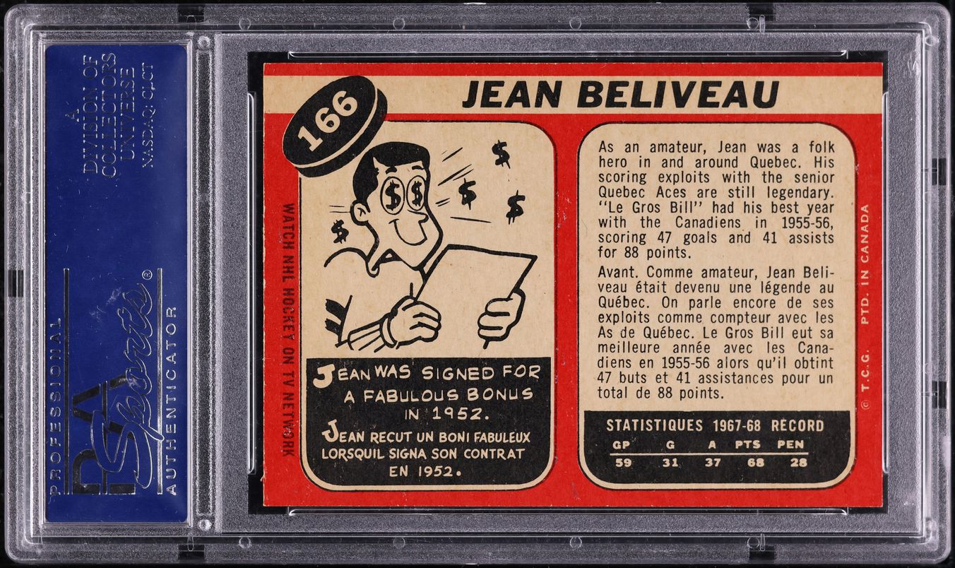 1968 O-Pee-Chee Hockey Jean Beliveau #166 PSA 8 NM-MT