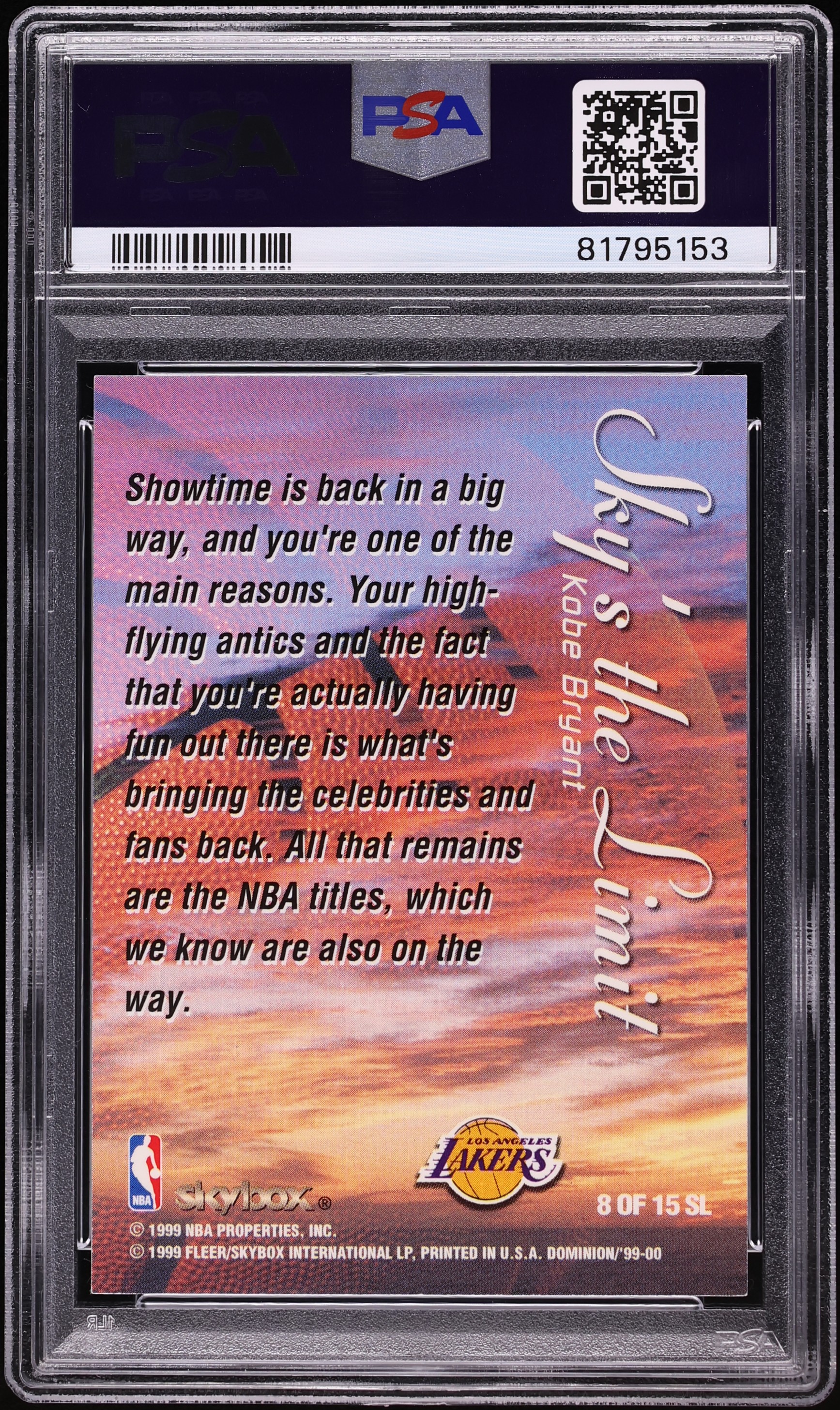 1999 Skybox Dominion Sky's The Limit Warp Tek Kobe Bryant /25 #8