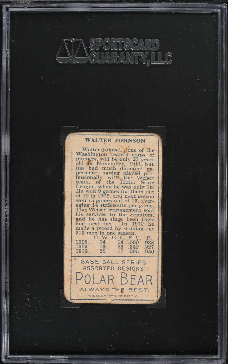 1911 T205 Gold Border Walter Johnson SGC 1 PR