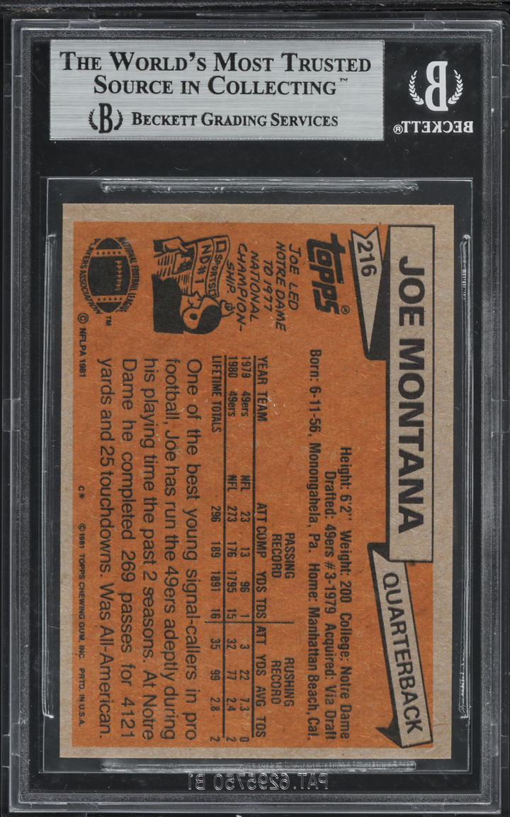 1981 Topps Football Joe Montana ROOKIE #216 BGS 8.5 NM-MT+
