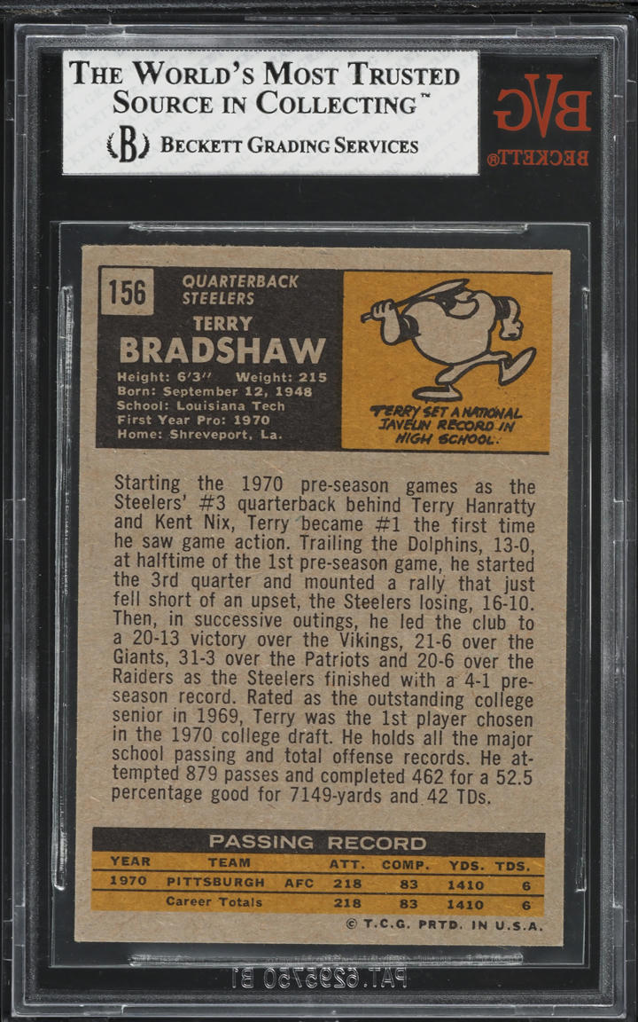 1971 Topps Football Terry Bradshaw ROOKIE #156 BVG 7 NRMT