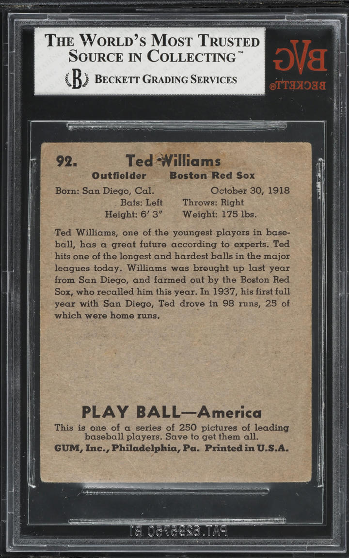 1939 Play Ball Ted Williams ROOKIE #92 BVG 1.5 FR