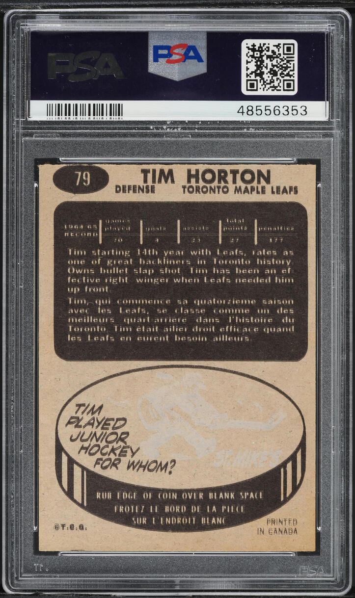 1965 Topps Hockey Tim Horton #79 PSA 7 NRMT