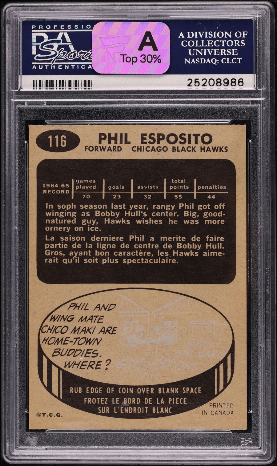 1965 Topps Hockey Phil Esposito ROOKIE #116 PSA 7 NRMT